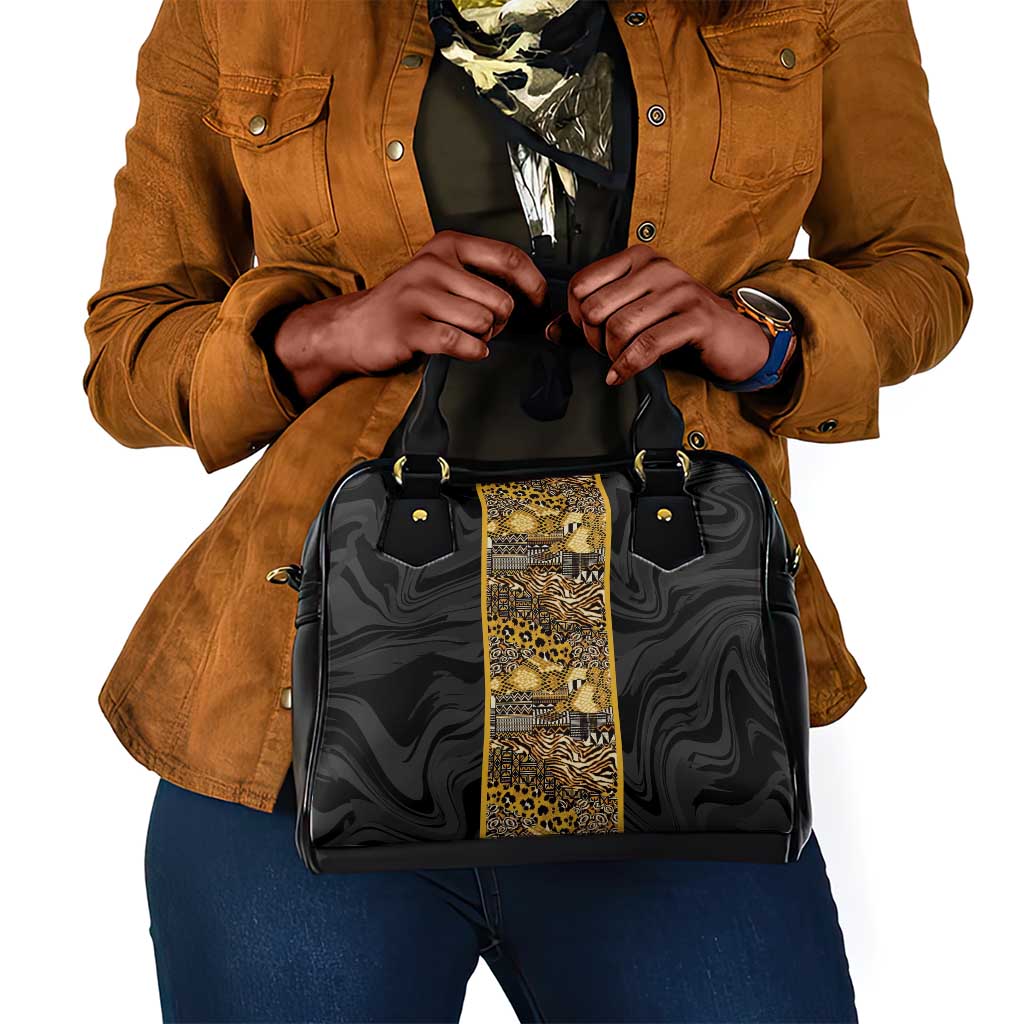 African Tribal Heritage Shoulder Handbag Black Gold Pattern