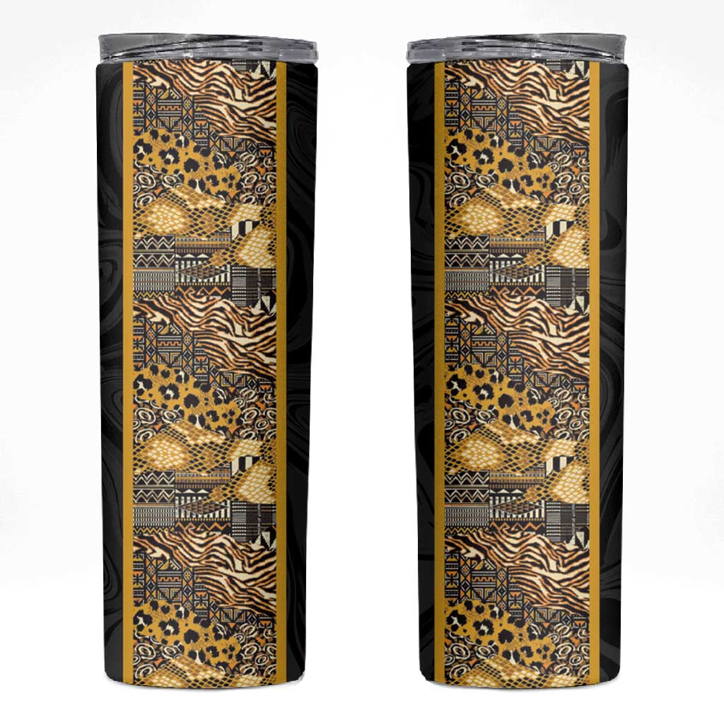 African Tribal Heritage Skinny Tumbler Black Gold Pattern