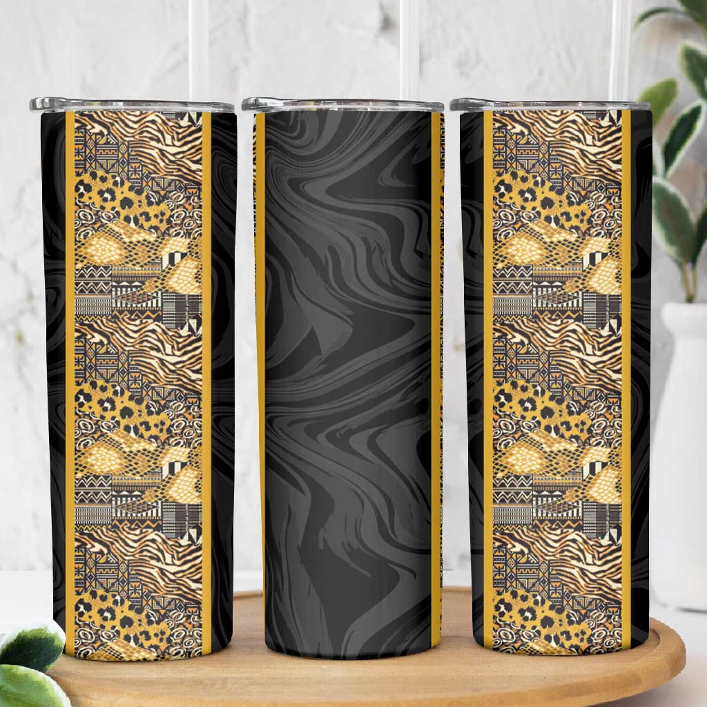 African Tribal Heritage Skinny Tumbler Black Gold Pattern