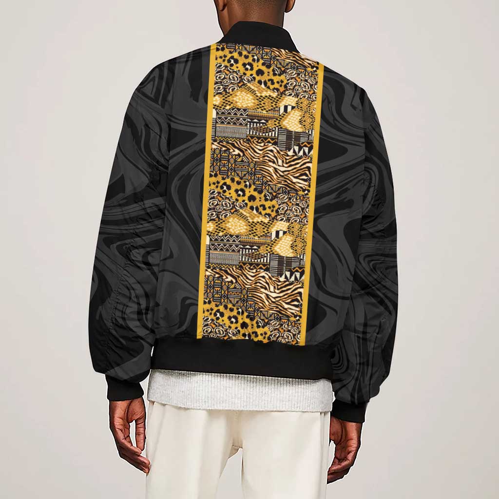 African Tribal Heritage Sleeve Zip Bomber Jacket Black Gold Pattern