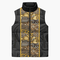 African Tribal Heritage Sleeveless Puffer Jacket Black Gold Pattern