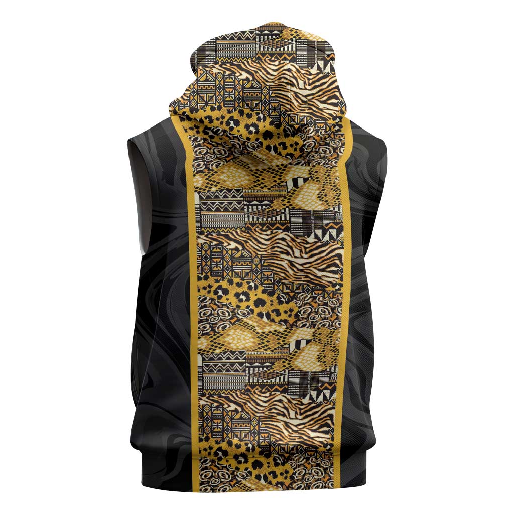 African Tribal Heritage Sleeveless Zip Hoodie Black Gold Pattern