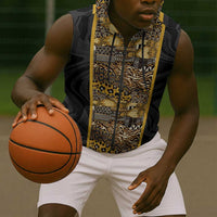 African Tribal Heritage Sleeveless Zip Hoodie Black Gold Pattern