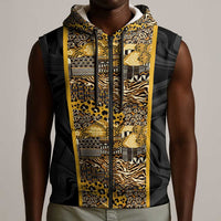 African Tribal Heritage Sleeveless Zip Hoodie Black Gold Pattern
