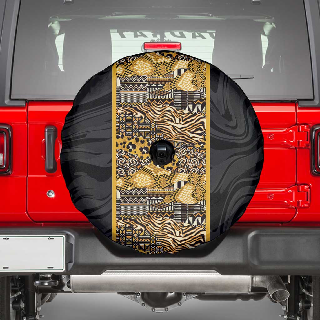 African Tribal Heritage Spare Tire Cover Black Gold Pattern