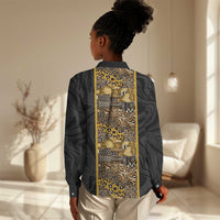 African Tribal Heritage Women Casual Shirt Black Gold Pattern
