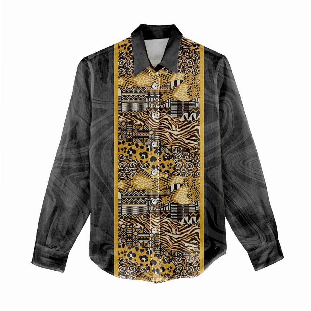 African Tribal Heritage Women Casual Shirt Black Gold Pattern
