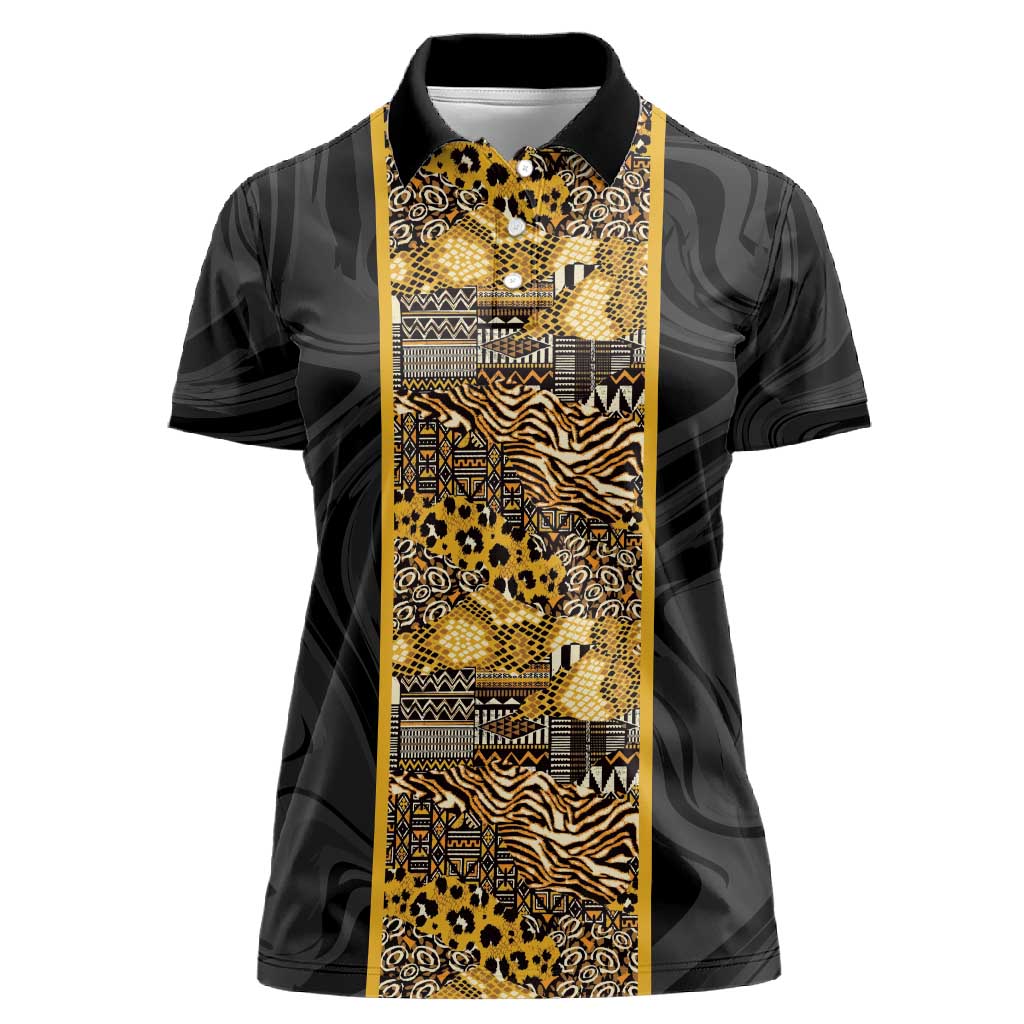 African Tribal Heritage Women Polo Shirt Black Gold Pattern