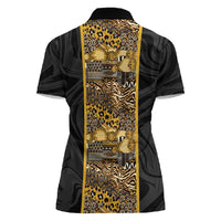 African Tribal Heritage Women Polo Shirt Black Gold Pattern