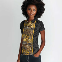 African Tribal Heritage Women Polo Shirt Black Gold Pattern