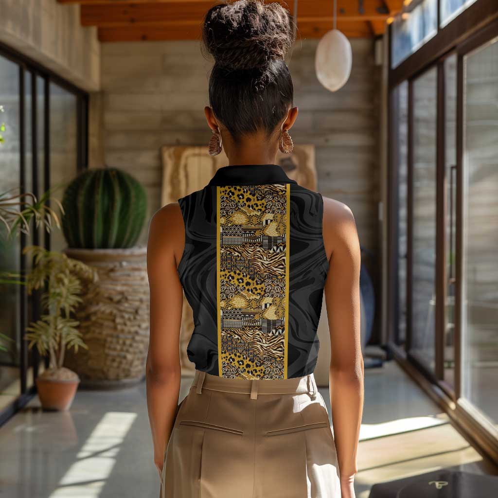 African Tribal Heritage Women Sleeveless Polo Shirt Black Gold Pattern