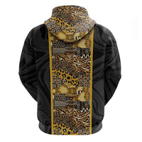 African Tribal Heritage Zip Hoodie Black Gold Pattern