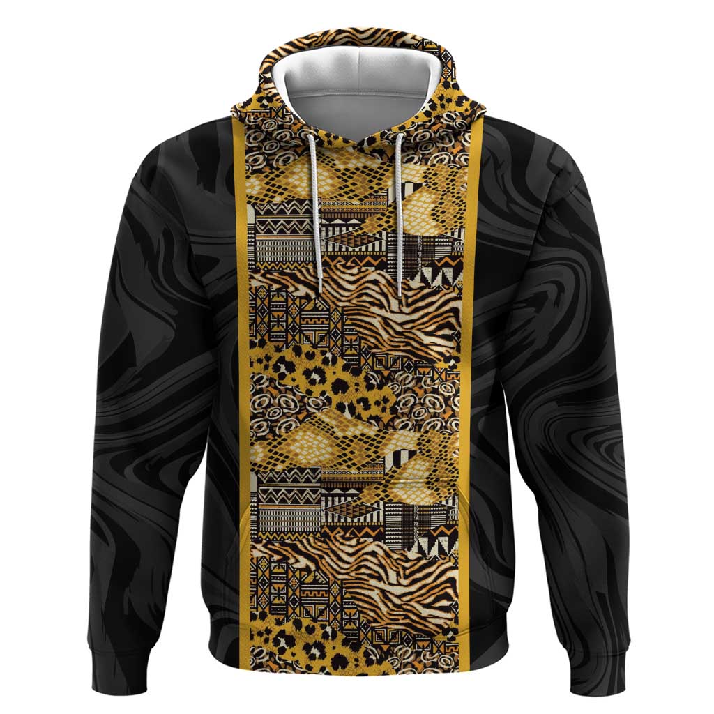African Tribal Heritage Zip Hoodie Black Gold Pattern
