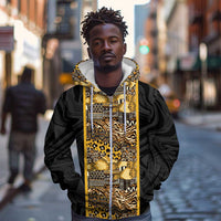 African Tribal Heritage Zip Hoodie Black Gold Pattern