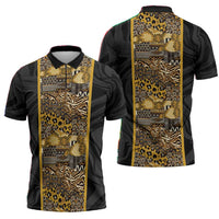 African Tribal Heritage Zipper Polo Shirt Black Gold Pattern