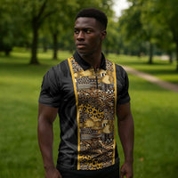 African Tribal Heritage Zipper Polo Shirt Black Gold Pattern