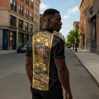 African Tribal Heritage Zipper Polo Shirt Black Gold Pattern