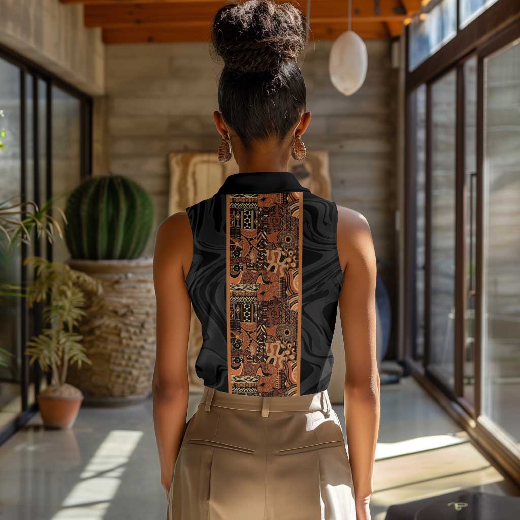 African Tribal Heritage Women Sleeveless Polo Shirt Earth Tone Pattern