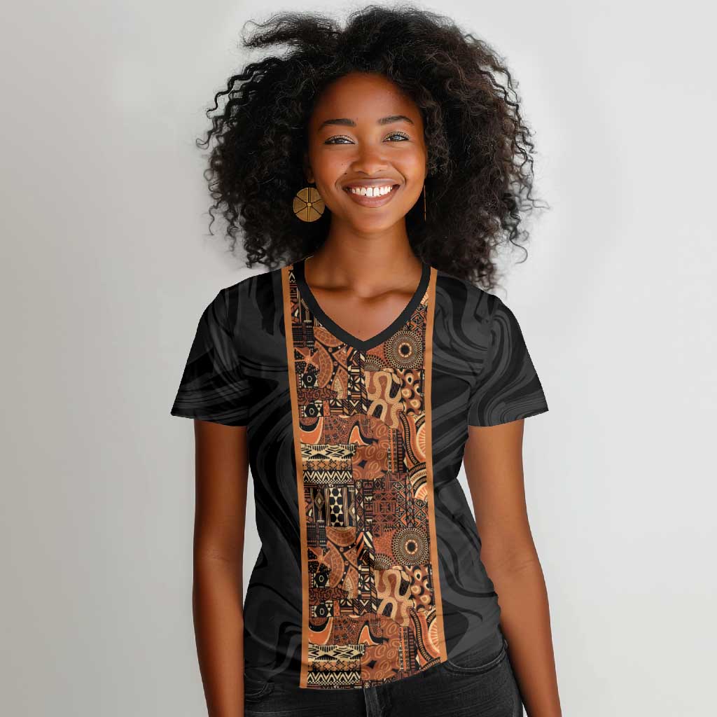 African Tribal Heritage Women V-Neck T-Shirt Earth Tone Pattern