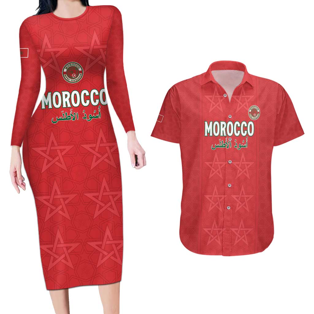 Custom Morocco Football Couples Matching Long Sleeve Bodycon Dress and Hawaiian Shirt Dima Maghrib