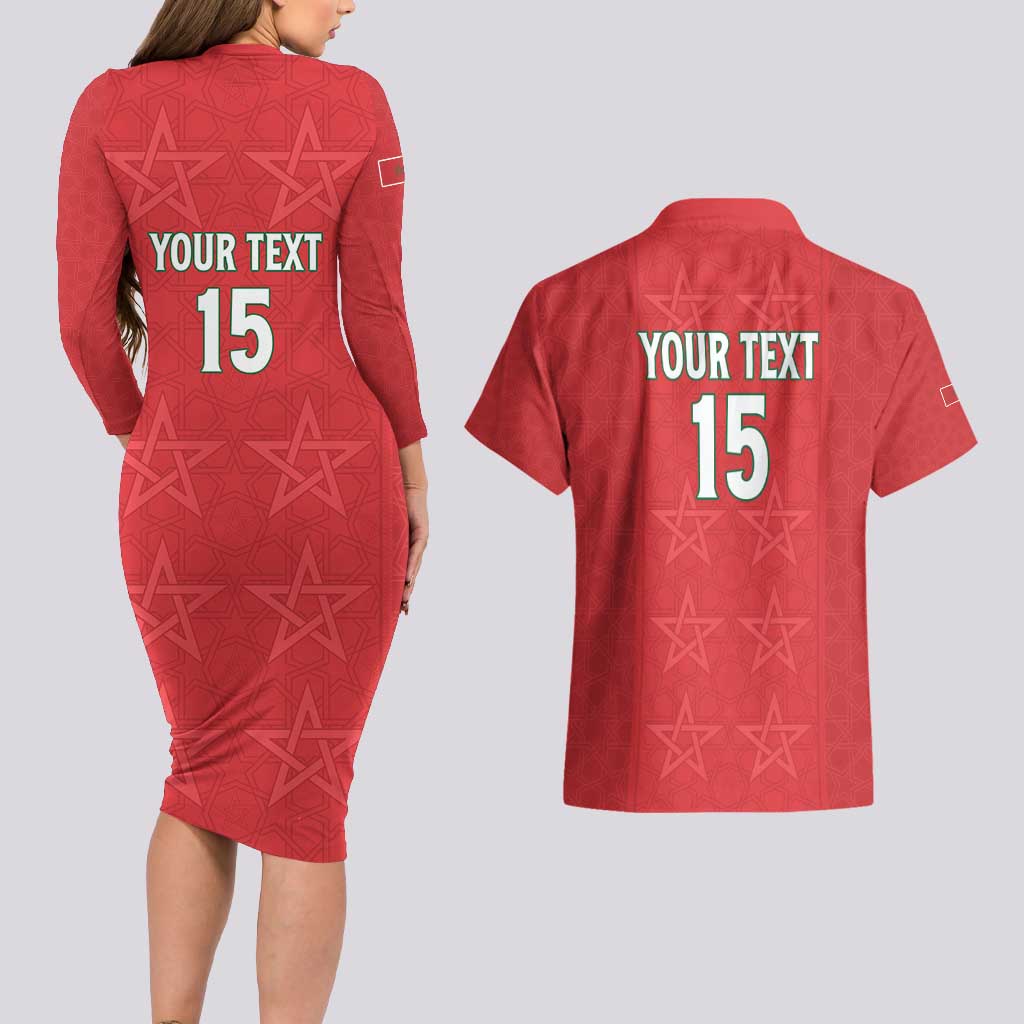 Custom Morocco Football Couples Matching Long Sleeve Bodycon Dress and Hawaiian Shirt Dima Maghrib
