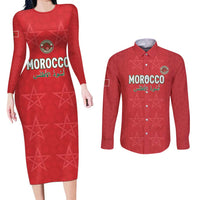 Custom Morocco Football Couples Matching Long Sleeve Bodycon Dress and Long Sleeve Button Shirt Dima Maghrib