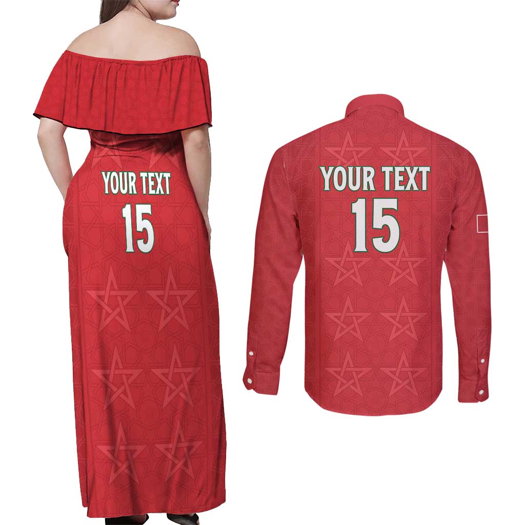 Custom Morocco Football Couples Matching Off Shoulder Maxi Dress and Long Sleeve Button Shirt Dima Maghrib
