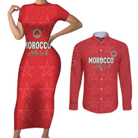 Custom Morocco Football Couples Matching Short Sleeve Bodycon Dress and Long Sleeve Button Shirt Dima Maghrib