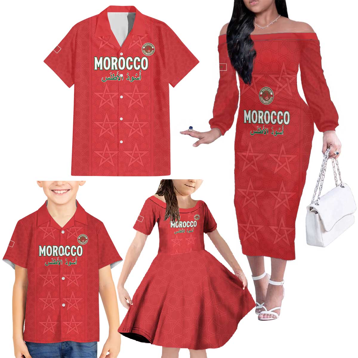 Custom Morocco Football Family Matching Off The Shoulder Long Sleeve Dress and Hawaiian Shirt Dima Maghrib
