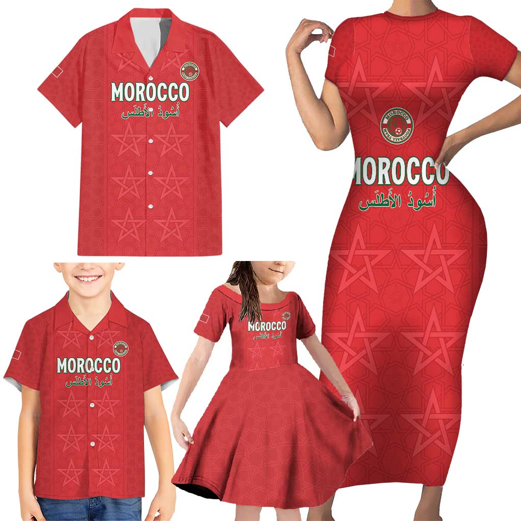 Custom Morocco Football Family Matching Short Sleeve Bodycon Dress and Hawaiian Shirt Dima Maghrib