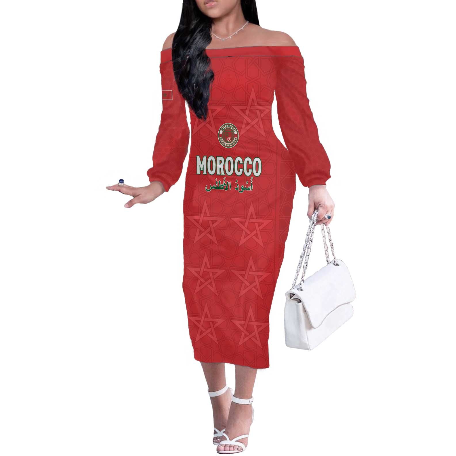 Custom Morocco Football Off The Shoulder Long Sleeve Dress Dima Maghrib