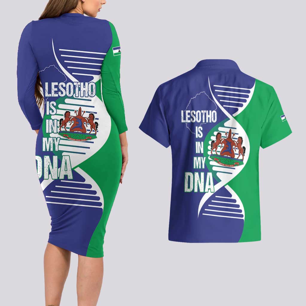 Lesotho Is In My DNA Couples Matching Long Sleeve Bodycon Dress and Hawaiian Shirt Lesotho Map and Coat Of Arms