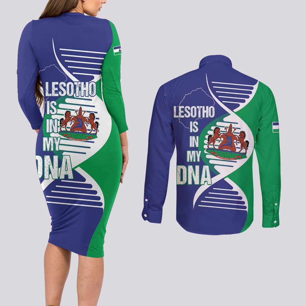 Lesotho Is In My DNA Couples Matching Long Sleeve Bodycon Dress and Long Sleeve Button Shirt Lesotho Map and Coat Of Arms