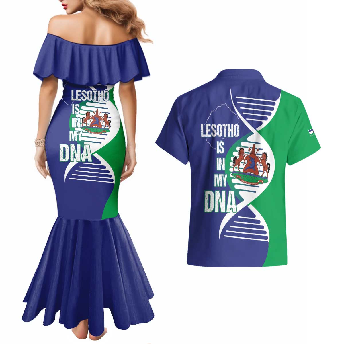 Lesotho Is In My DNA Couples Matching Mermaid Dress and Hawaiian Shirt Lesotho Map and Coat Of Arms