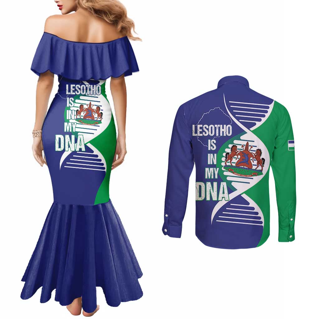 Lesotho Is In My DNA Couples Matching Mermaid Dress and Long Sleeve Button Shirt Lesotho Map and Coat Of Arms