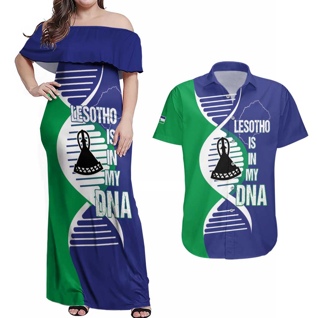 Lesotho Is In My DNA Couples Matching Off Shoulder Maxi Dress and Hawaiian Shirt Lesotho Map and Coat Of Arms