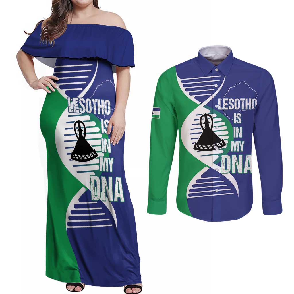 Lesotho Is In My DNA Couples Matching Off Shoulder Maxi Dress and Long Sleeve Button Shirt Lesotho Map and Coat Of Arms