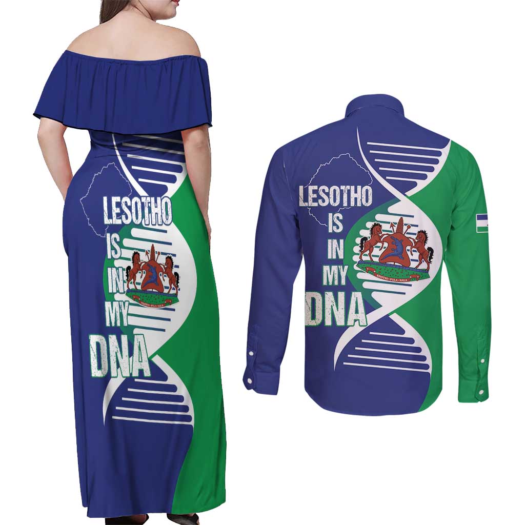 Lesotho Is In My DNA Couples Matching Off Shoulder Maxi Dress and Long Sleeve Button Shirt Lesotho Map and Coat Of Arms