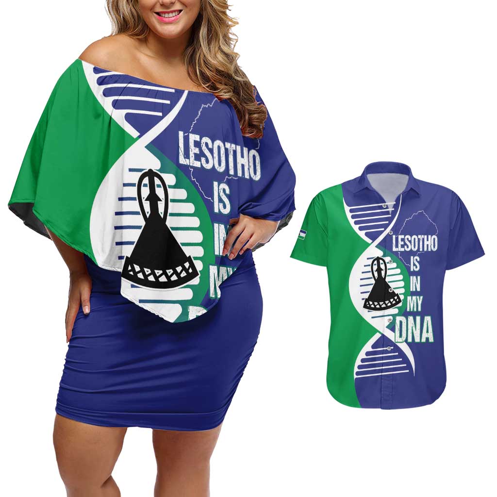 Lesotho Is In My DNA Couples Matching Off Shoulder Short Dress and Hawaiian Shirt Lesotho Map and Coat Of Arms