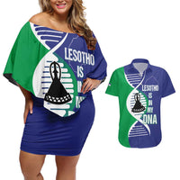 Lesotho Is In My DNA Couples Matching Off Shoulder Short Dress and Hawaiian Shirt Lesotho Map and Coat Of Arms