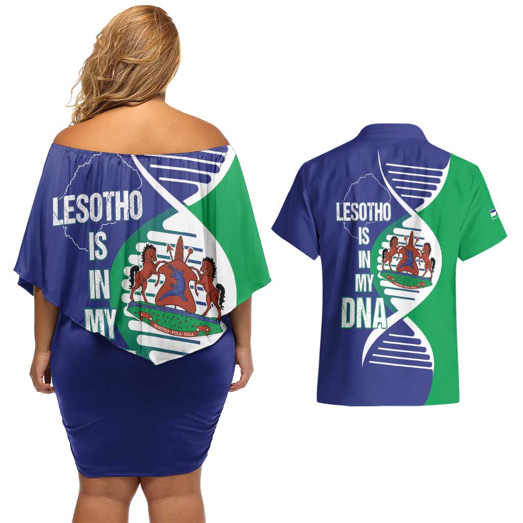 Lesotho Is In My DNA Couples Matching Off Shoulder Short Dress and Hawaiian Shirt Lesotho Map and Coat Of Arms