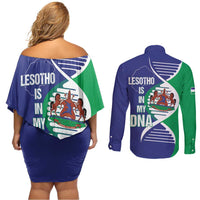 Lesotho Is In My DNA Couples Matching Off Shoulder Short Dress and Long Sleeve Button Shirt Lesotho Map and Coat Of Arms