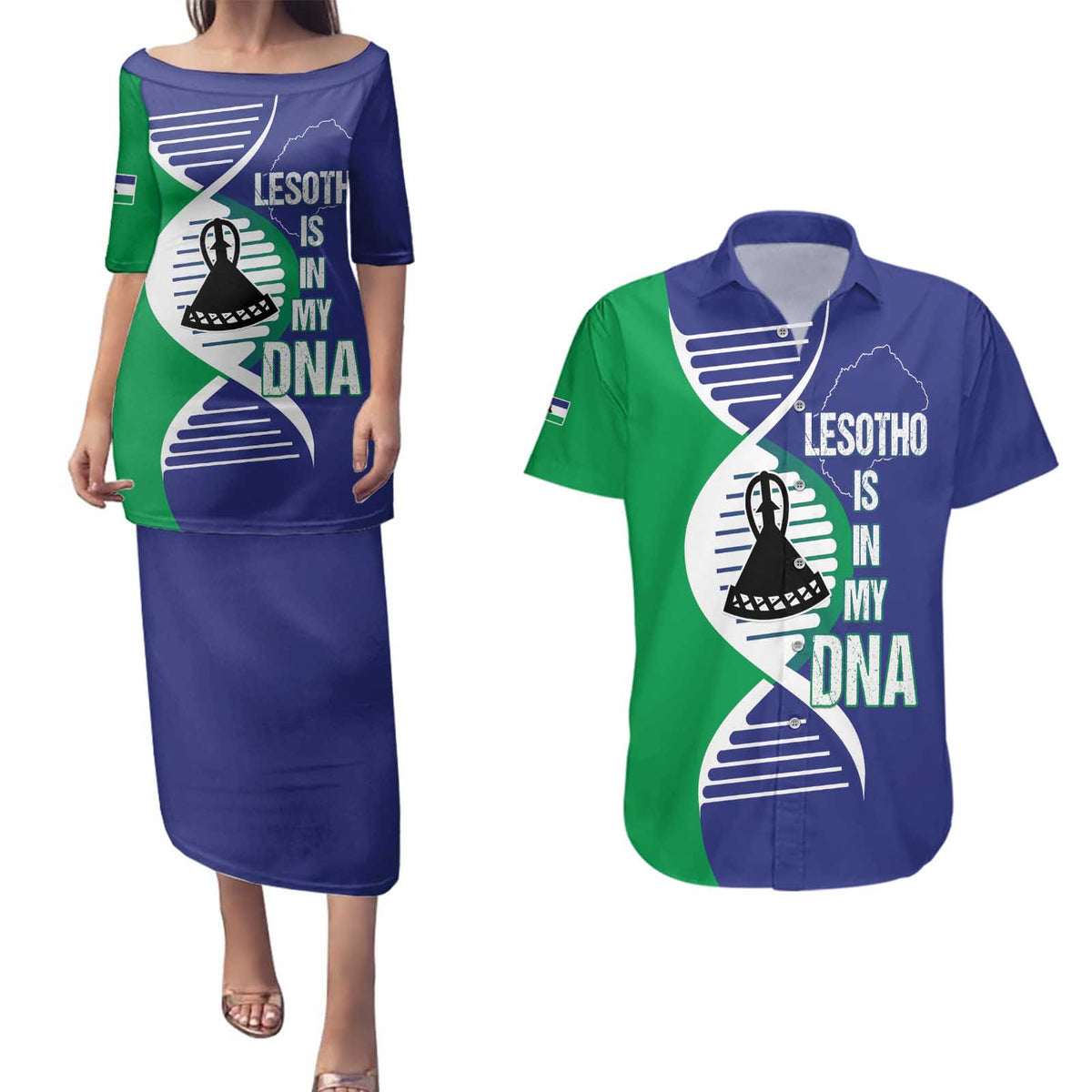 Lesotho Is In My DNA Couples Matching Puletasi and Hawaiian Shirt Lesotho Map and Coat Of Arms