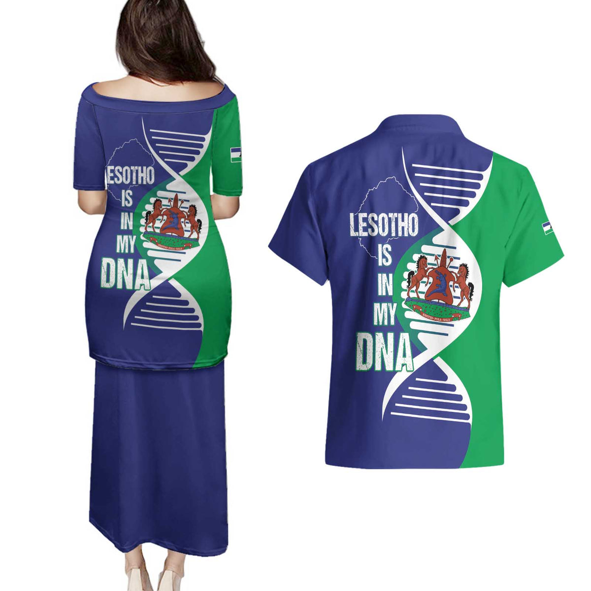 Lesotho Is In My DNA Couples Matching Puletasi and Hawaiian Shirt Lesotho Map and Coat Of Arms