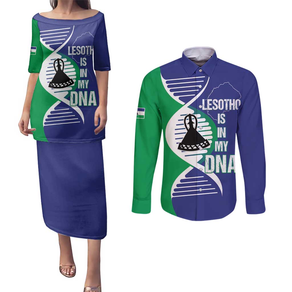 Lesotho Is In My DNA Couples Matching Puletasi and Long Sleeve Button Shirt Lesotho Map and Coat Of Arms