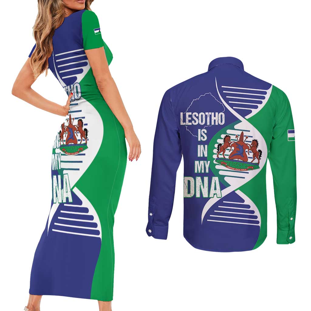 Lesotho Is In My DNA Couples Matching Short Sleeve Bodycon Dress and Long Sleeve Button Shirt Lesotho Map and Coat Of Arms