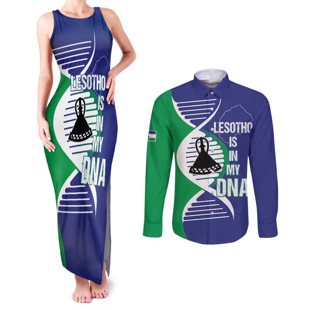 Lesotho Is In My DNA Couples Matching Tank Maxi Dress and Long Sleeve Button Shirt Lesotho Map and Coat Of Arms