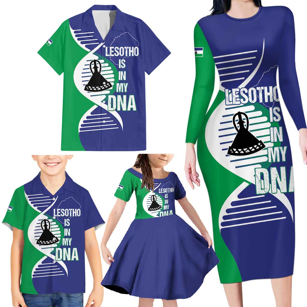 Lesotho Is In My DNA Family Matching Long Sleeve Bodycon Dress and Hawaiian Shirt Lesotho Map and Coat Of Arms