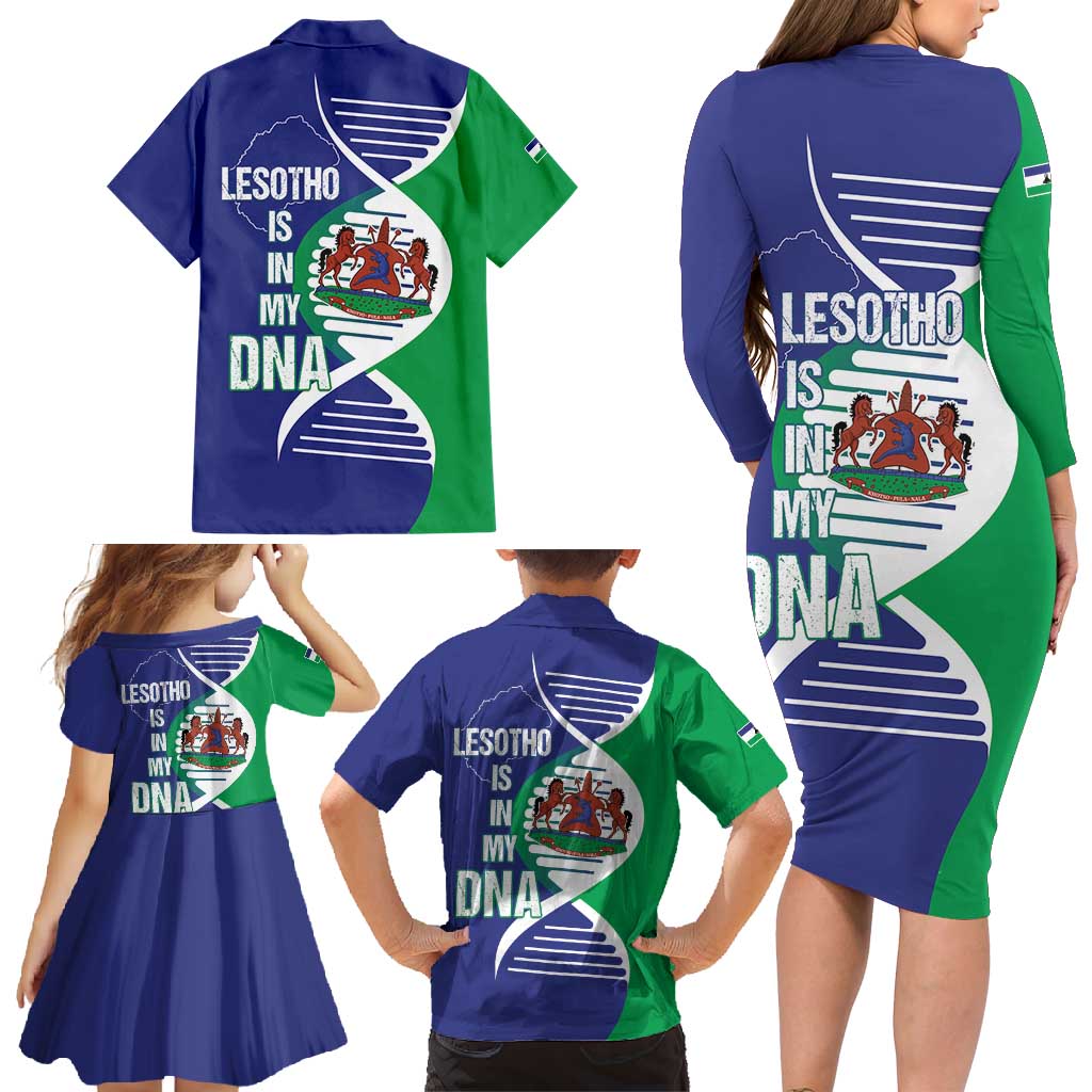 Lesotho Is In My DNA Family Matching Long Sleeve Bodycon Dress and Hawaiian Shirt Lesotho Map and Coat Of Arms