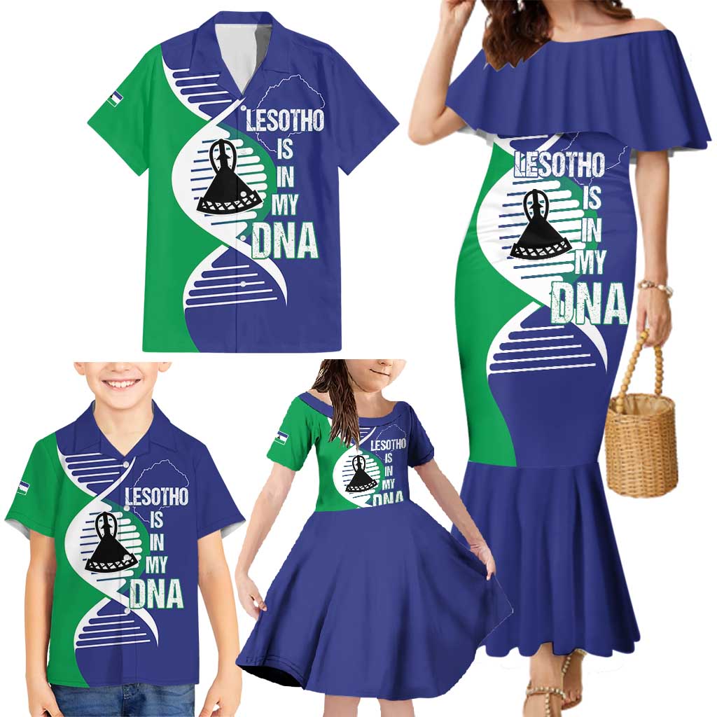 Lesotho Is In My DNA Family Matching Mermaid Dress and Hawaiian Shirt Lesotho Map and Coat Of Arms
